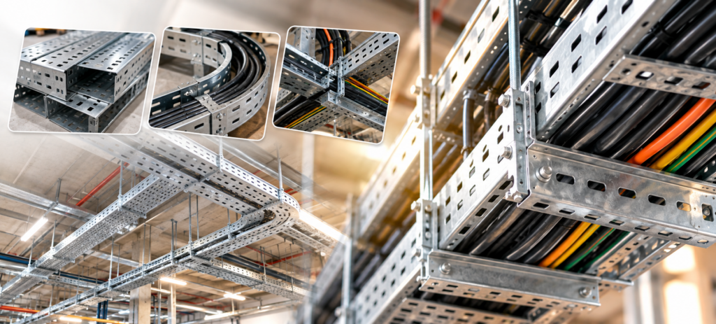 Galvanised steel cable trays with electrical wiring and close-up installation details, showcasing cable tray solutions by Ansari Steel in Karachi.